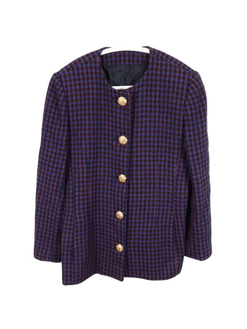 Vintage CAROLYN ROEHM Wool Tweed Check Gold Button Jacket Blazer 14 Blue Brown